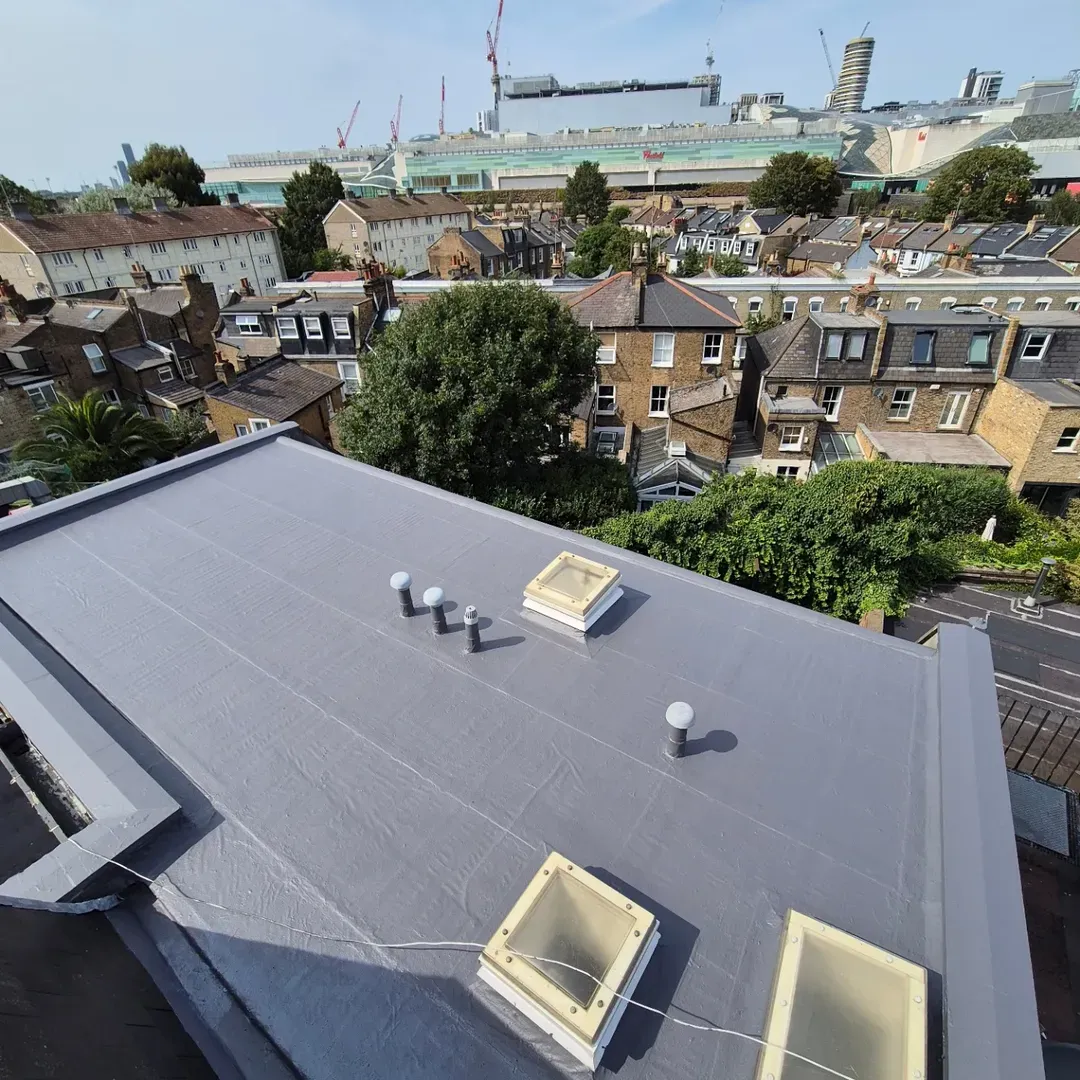 Completed HYDRONYLON flat roof in Shepherd's Bush, London W12, with Westfield London in the background