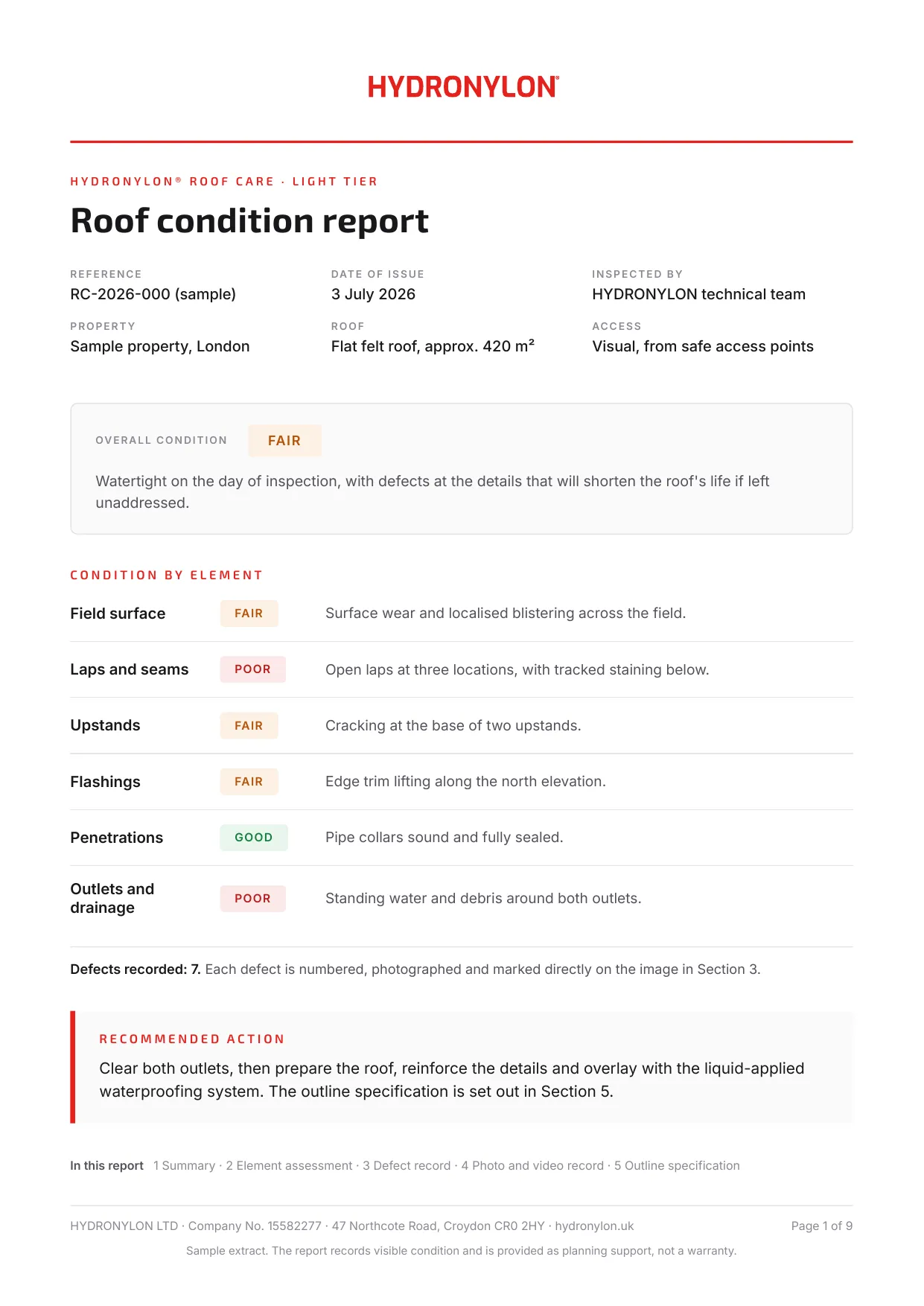 A page from the HYDRONYLON Roof Care roof condition report.